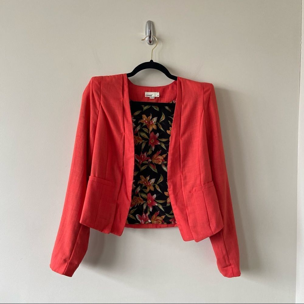 Covet-deep Coral Puff Sleeve Lightweight Blazer (Size:Small)